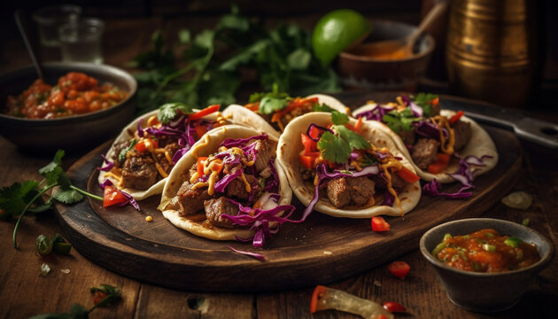 Grilled beef taco with guacamole and spice generated by AI