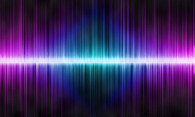 Sound waves oscillating with green, blue and purple glows of light.