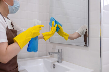 Woman cleaning mirrror with cloth and spray.