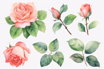 Fototapeta premium Flowers roses, branches, leaves and buds on an isolated white background, watercolor illustration, floral design. Generative Ai.