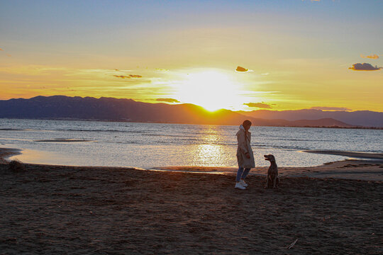 girl playing with dog on the beach at sunset