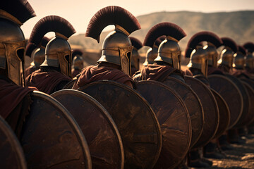 Spartan warriors in battle formation, army of ancient Greek soldiers in anticipation of battle, ai generated - obrazy, fototapety, plakaty
