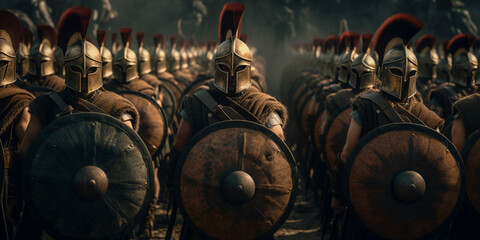 Spartan warriors in battle formation, army of ancient Greek soldiers in anticipation of battle, ai generated - obrazy, fototapety, plakaty