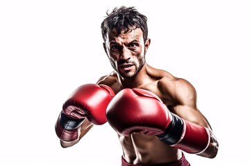 Sporty fit latin man during boxing exercise making hit. Boxer isolated on white background. Strength and motivation. Generative Ai.