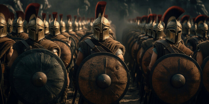 Spartan warriors in battle formation, army of ancient Greek soldiers in anticipation of battle, ai generated