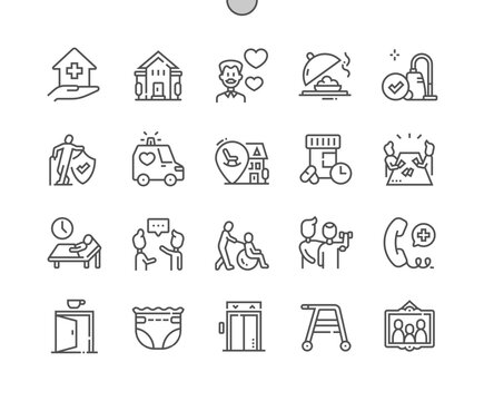 Nursing home. Elderly people. Disabled care. Ambulance, special diet, cafeteria, diaper. Pixel Perfect Vector Thin Line Icons. Simple Minimal Pictogram