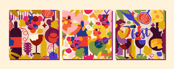 Obraz premium 3 seamless patterns for music and wine festival. People enjoying a drink, music, fruit and cheese that go well with an aperitif, a relaxing atmosphere and, of course, lots and lots of wine.