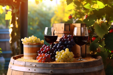 Red wine in wineglass, wooden barrel and grapes in rural