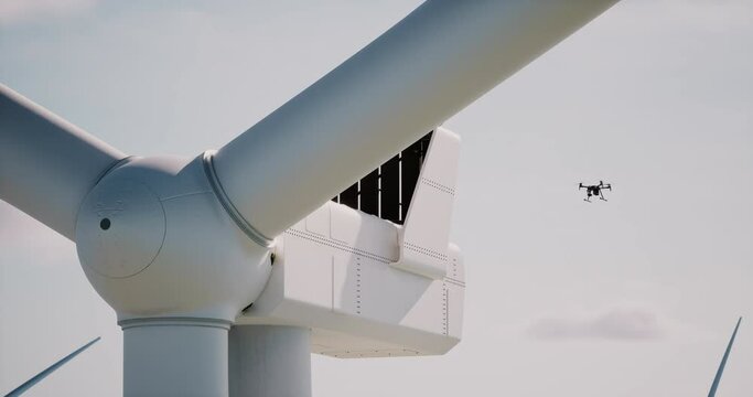 AERIAL Industrial drone flying near wind turbine, gathering video data for inspection and service