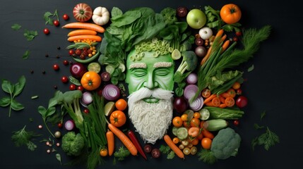 Obraz na płótnie Canvas Man face portrait composed and made of vegetables and fruits, flat lay top view, food art styling. Creative food concept. 