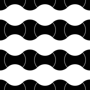 Black interlocking blocks lines on white background. Seamless surface pattern design with ethnic ornament. Apple core quilts texture. Image with hammerhead, axehead and bow shapes. Patchwork motif.