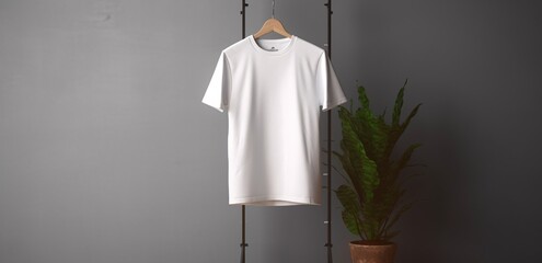 White blank t-shirt on gray wood wall. Mock up template. Generative ai.