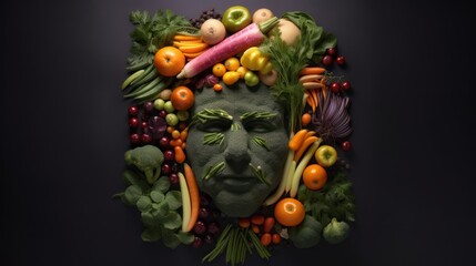 Man face portrait composed and made of vegetables and fruits, flat lay top view, food art styling. Creative food concept. 
