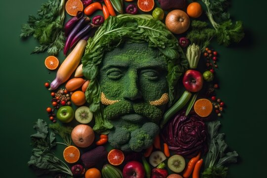 Naklejki Man face portrait composed and made of vegetables and fruits, flat lay top view, food art styling. Creative food concept. 