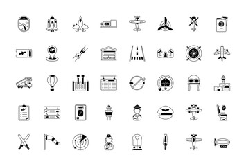 Airport icon collection. Containing plane, boarding pass, traveler, duty free, information desk, customs, detector, immigration and pilot icons. Aviation icon element solid design.
