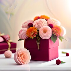 bouquet of roses and gift