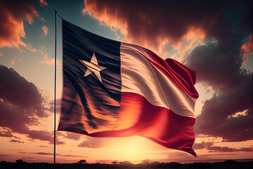 flag of Texas at cloudy sky background on sunset. Generative Ai