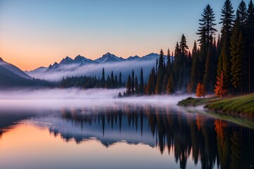 Quiet lake before dawn in the mist. Serenity