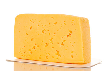 One piece of cheese on a white paper plate, macro, isolated on white background.