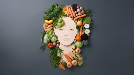 Woman face portrait composed and made of vegetables and fruits, flat lay top view, food art styling. Creative food concept. 