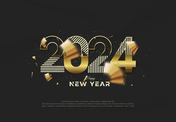 Modern design number 2024 with a luxurious gold color. Figures cut into thin pieces. Premium vector design for celebration, invitation or greeting.