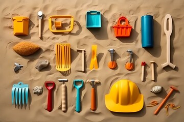 beach toys tools beach view flat lay professional photography ai generated