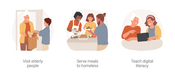 Volunteering experience isolated cartoon vector illustration set. Visit elderly people, teen deliver groceries to senior person, serve meals to homeless, teach digital literacy vector cartoon.