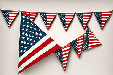 Vector colorful bunting decoration in colors of USA flag on a wooden background. Generative Ai