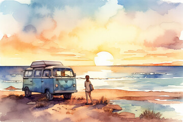 Watercolor illustration of a vintage camper van on sunset, camping on mediterranean sea coast. Generative AI. - obrazy, fototapety, plakaty