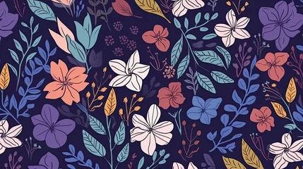 Fototapeten Seamless pattern with spring flowers and leaves AI generative © SK