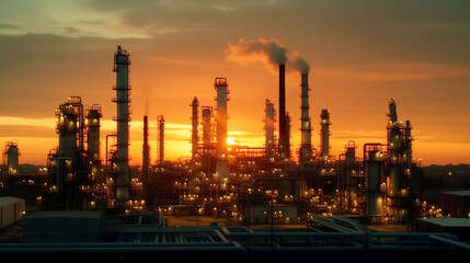 Oil refinery plant from industry zone,Oil refinery at twilight,Aerial view of Oil and gas industry,
industry factory concept and transportation,, Refinery factory and oil storage tank ,Generative AI - obrazy, fototapety, plakaty