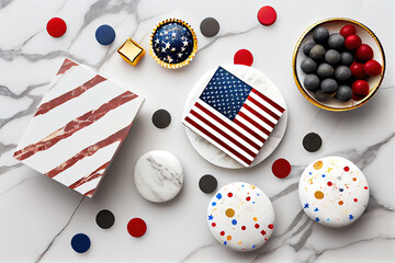 Blank frame for mockup design with USA independence day party elements top view flat lay. Generative Ai