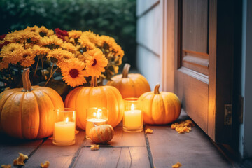 Pumpkins, lit candles and marigold flowers as a Thanksgiving decoration on a doorstep. Generative AI.