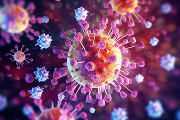 covid-19 banner illustration, microscopic view of floating influenza virus cells, Generative Ai