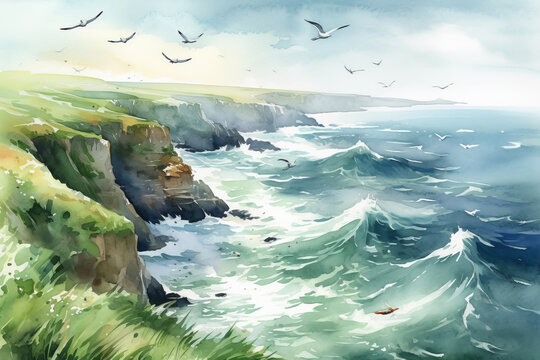 Watercolor illustration of a scenic Irish landspace. Generative AI.