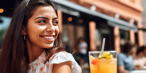 Happy smiling young adult ready to drink a cold fruit drink demonstrating healthy lifestyle - generative AI 