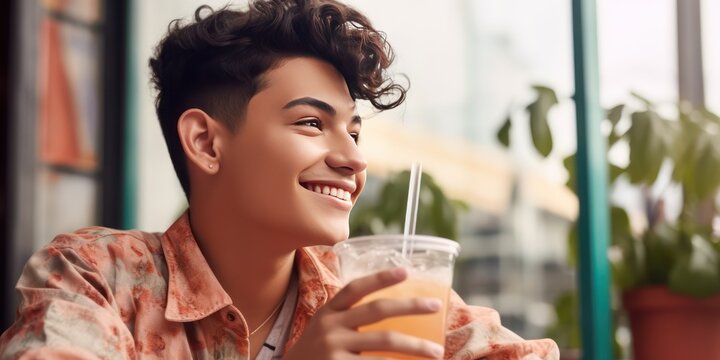 Happy smiling young adult ready to drink a cold fruit drink demonstrating healthy lifestyle - generative AI 