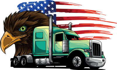 vector illustration of semi truck with american flag and eagle head - 609097168