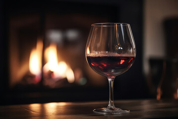 A glass of red wine in front of fireplace. Relaxing by the fire in cozy living room. Generative AI.