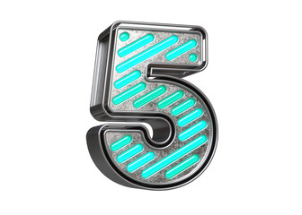 Modern silver and teal font digit number 5. Flashing lettering for the creation of titles, ad headers and eye-catching texts. High quality 3D rendering.