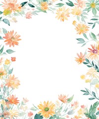 Fototapeta na wymiar Watercolor frame with gerbera flowers and leaves. Templates for design, botanical illustration in watercolor style. Illustration on white background, for wedding cards, invitation. Generative AI