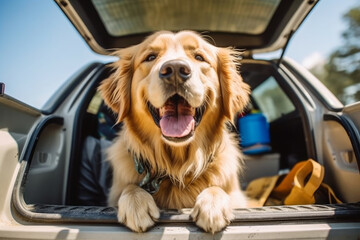 Golden retriever dog sitting in car trunk ready for a vacation trip. Generative AI. - obrazy, fototapety, plakaty