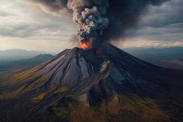 Rising pillar of smoke from the chimney of erupting volcano. Generative AI.