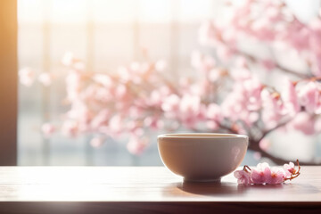 Traditional japanese ceramic cup on a table with blossoming sakura flowers on a background. Generative AI.