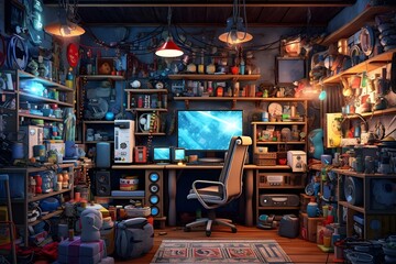 etalase game center room with stuff professional photography ai generated