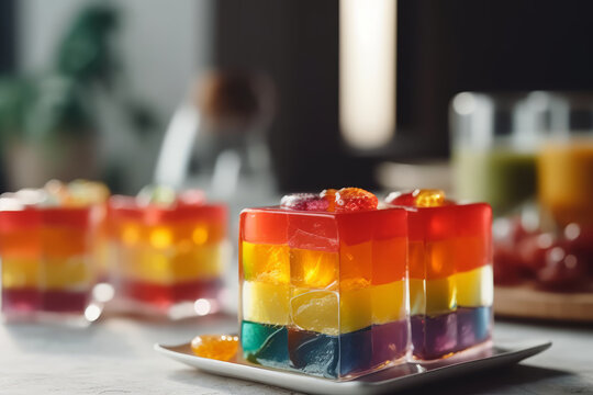 Fancy rainbow layered jelly dessert decorated with tasty fresh fruits. Generative AI.