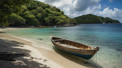 Naklejka na ściany i meble boat on the beach,Seaside travel, beach, wooden boat, seaside in summer