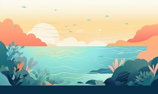  a painting of a sunset over the ocean with birds flying over the water.  generative ai