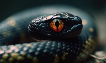 Fototapeta premium a close up of a black snake with a red eye. generative ai