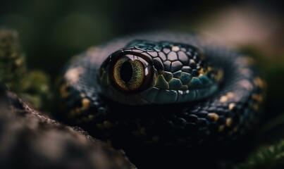 Fototapeta premium a close up of a snake's eye on a branch. generative ai